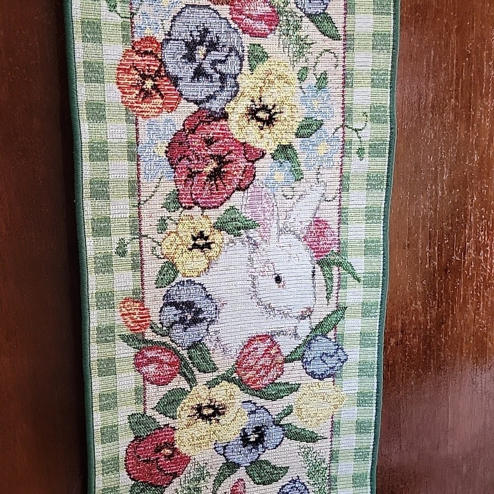 VTG Garden Gathering Bell Pull Tapestry Needlepoint Wall Hanging Spring 9" × 41"
