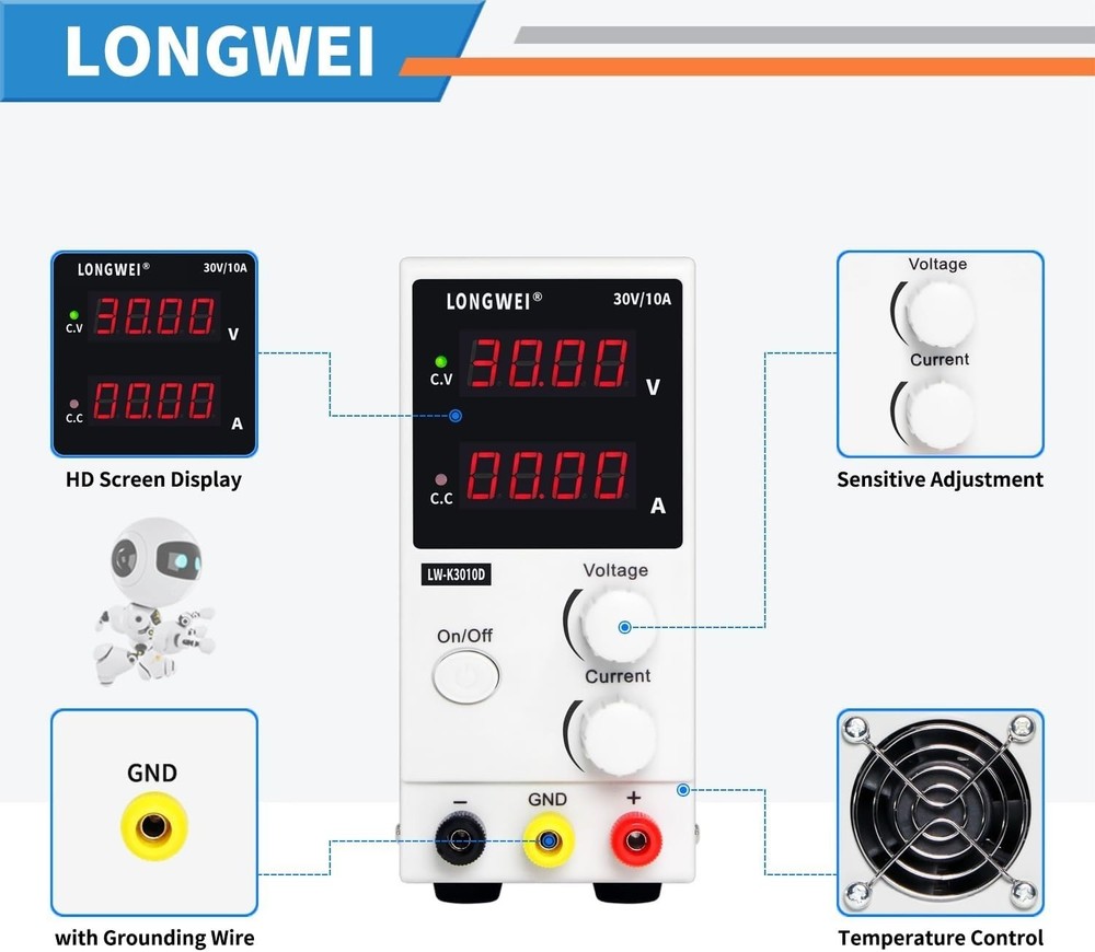 DC Power Supply Variable 30V 10A, 4-Digital LED Display, Precision Adjustable