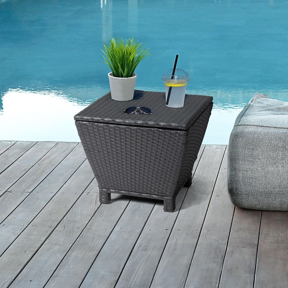 Outdoor PE Wicker Side Table with Storage Small Patio Storage Bin Container