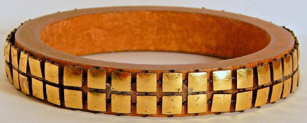 VINT LEATHER BRASS BANGLE BRACELET RETRO