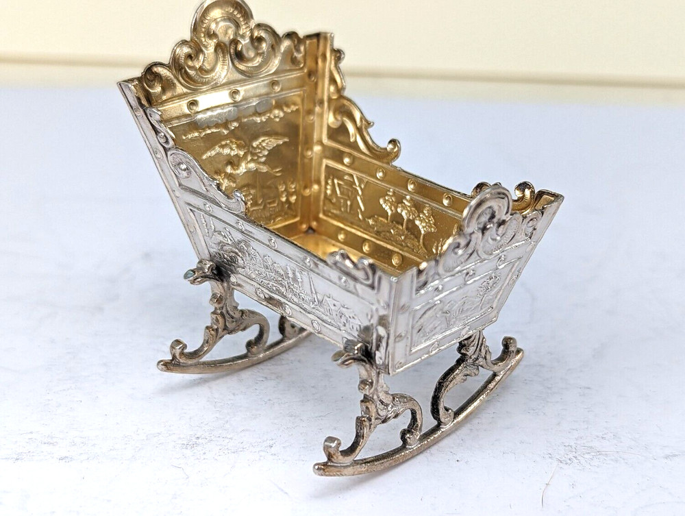 1899 Victorian baby’s Solid silver miniature cradle with gold guilded interior