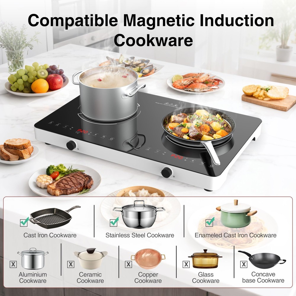 Double Induction Cooktop, 2 Burner Induction Burner 20 Temperature Power Lev...