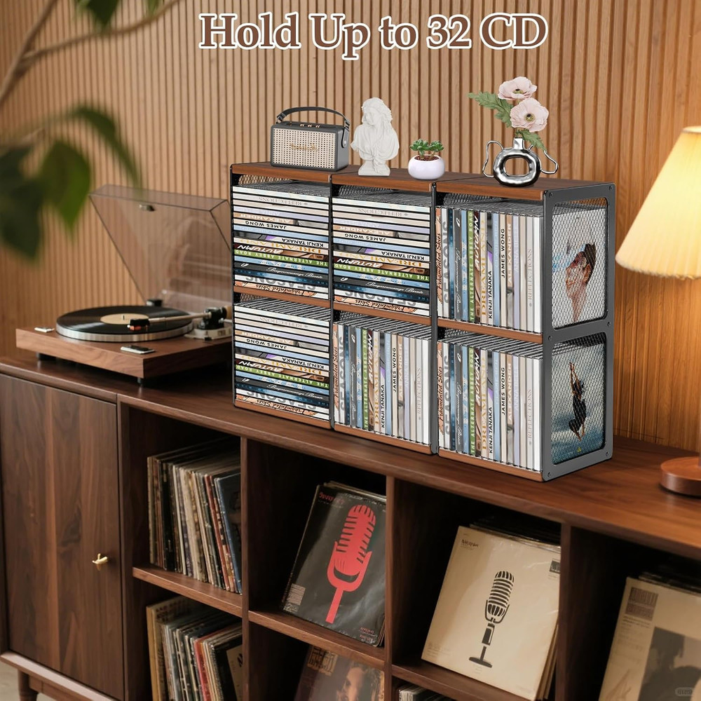 CD Storage Holder,Cd Rack Organizer,Wood CD Display,Hold 32 Cases,Cd Display Sto