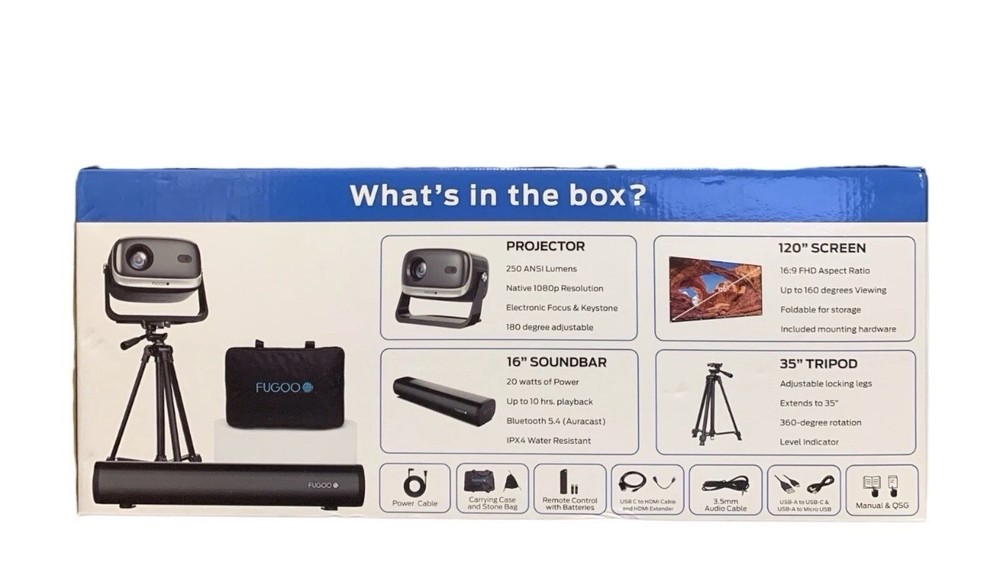 Fugoo Outdoor Projector & Soundbar Bundle with Tripod & 120" Foldable Screen