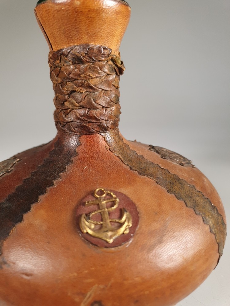 Vintage Leather Wrapped Green Bottle Decanter