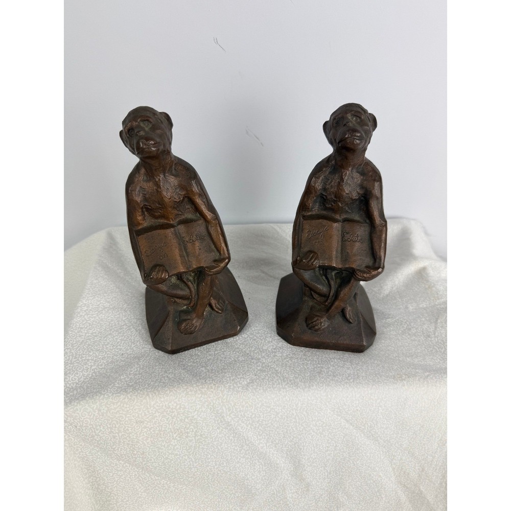 Antique Chicago Hardware Foundry Co Cast Iron Monkey Reading Bookends Set Pair