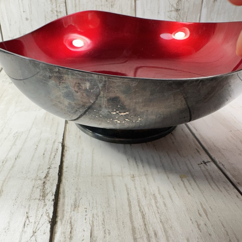 VTG Mid Century Modern DANISH Silverplate Bowl RED Enamel Interior Marked
