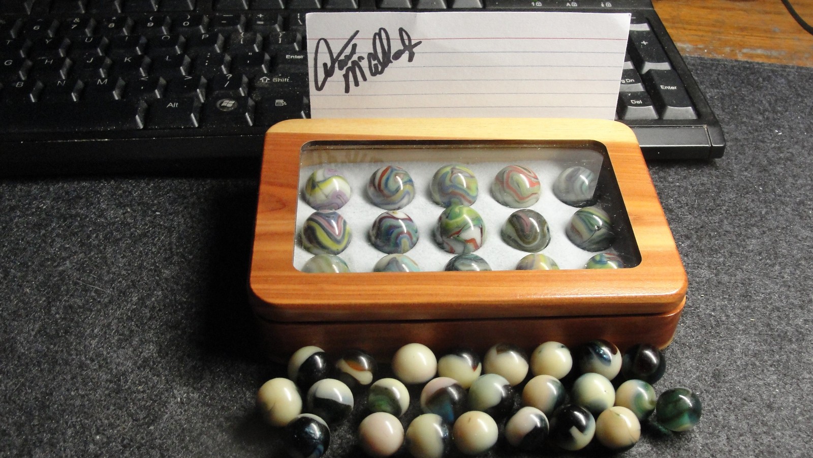 Wood box w Dave McCullough signature marbles Jabo Joker Experimentals w/ 2 dz UV