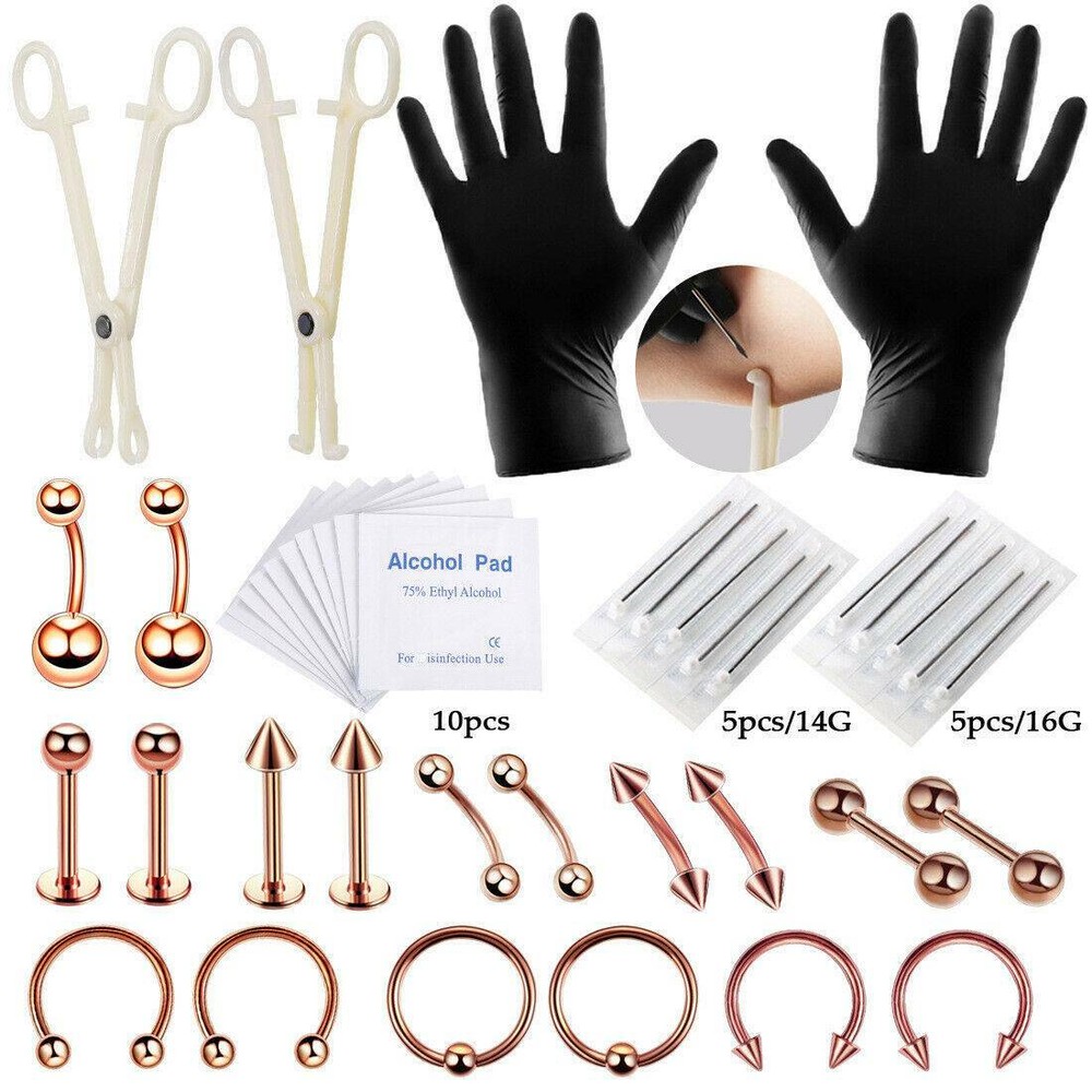 42Pcs Body Piercing Tools Kit Eyebrow Lip Ear Stud Belly Button Ring Needles Set