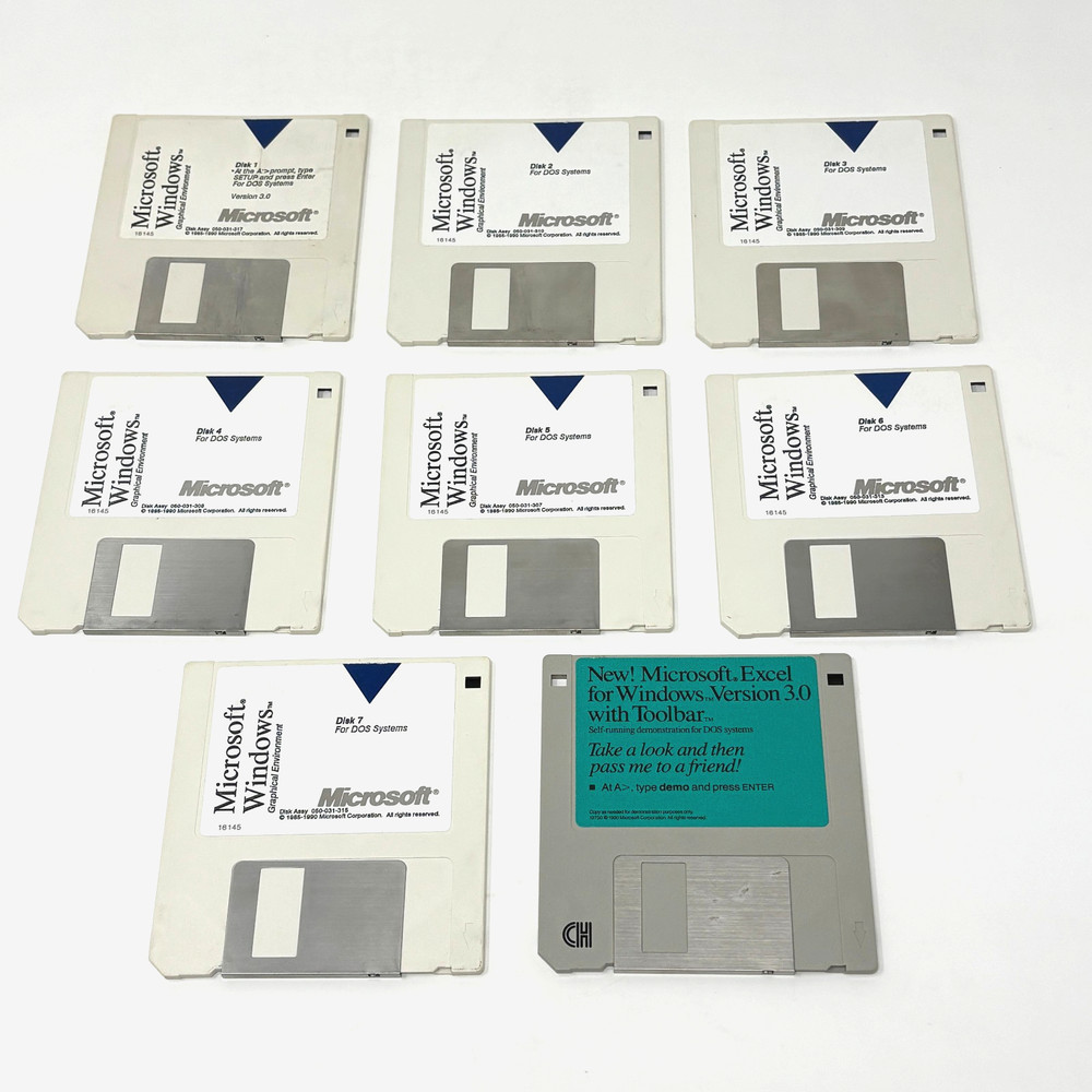 Microsoft Windows Graphical Environment 3.0 DOS Systems: Seven 3.5” Floppy Disks