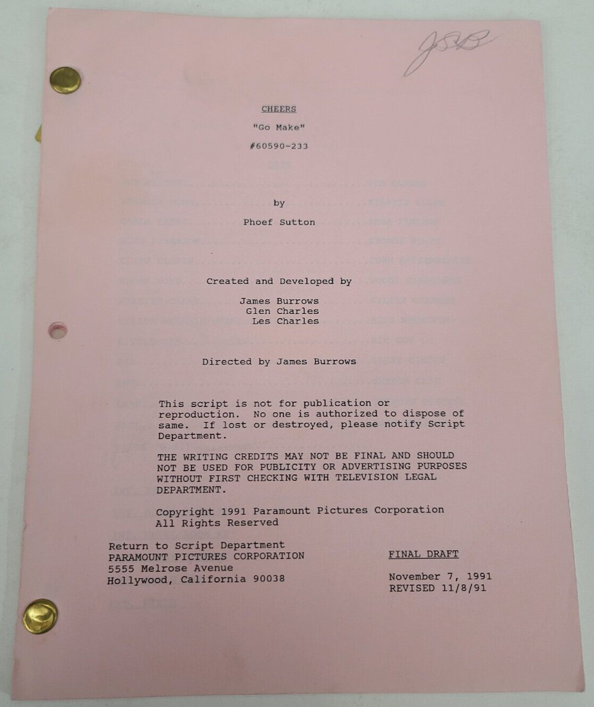 CHEERS / Phoef Sutton 1991 TV Script, Sharon Case & Joyce Agu "Go Make"