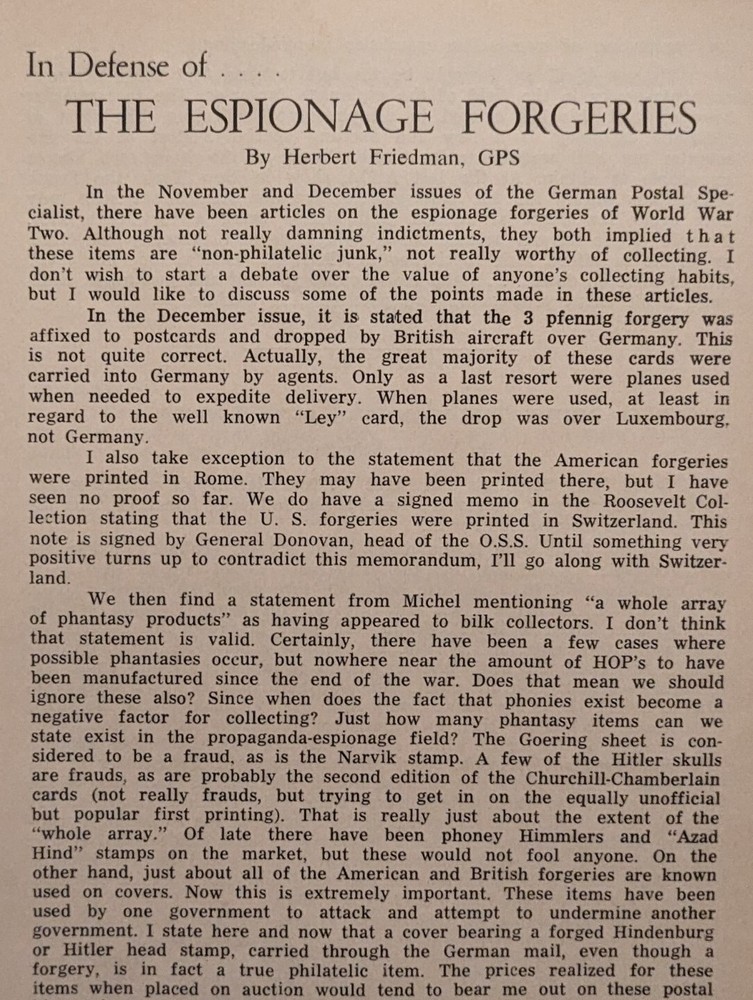 German Postal Specialist Feb 1966 Zeppelin Memorabilia Espionage Forgeries