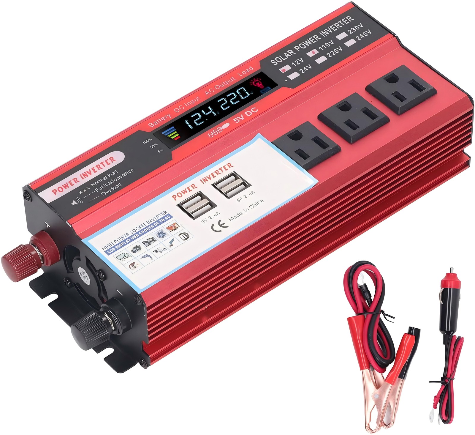 Car Power Inverter 5000W DC 12V To AC 110V Pure Sine Wave Solar Converter 4 USB