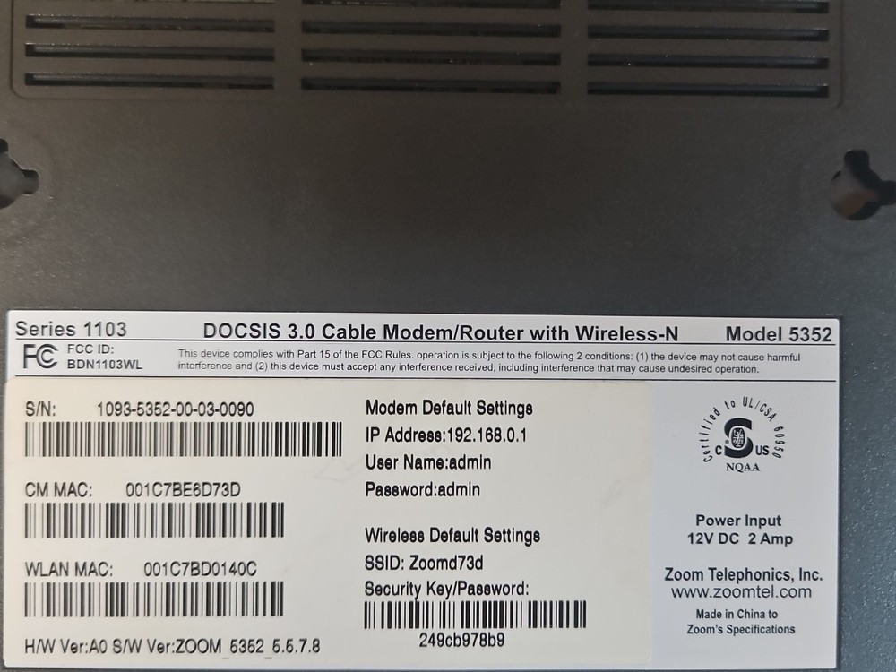 Zoom Model 5352 DOCSIS 3.0 Cable Modem / Router w/ Wireless N Series