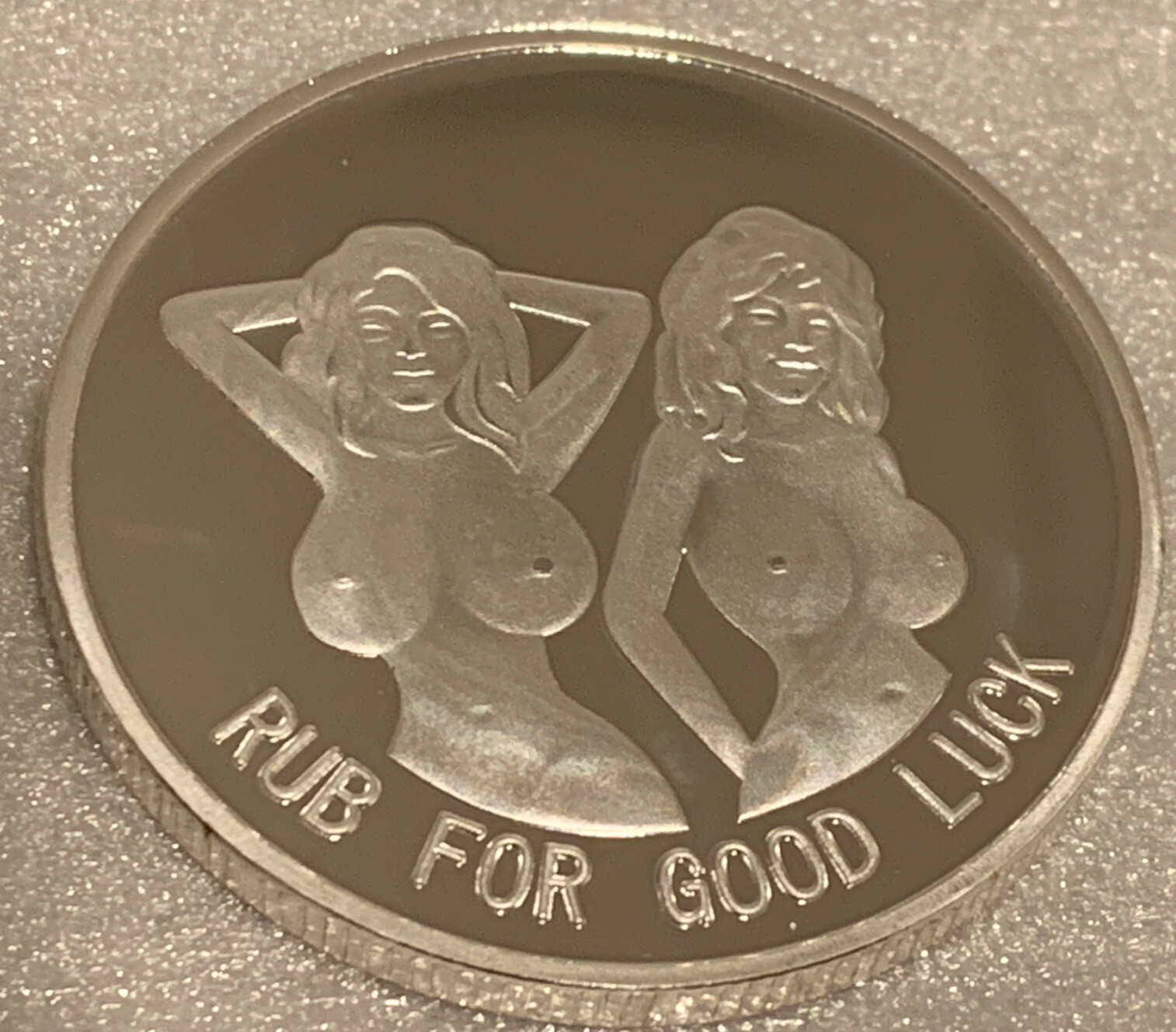 * Rub For Good Luck- Bottoms Up” Adult Novelty Coin. Brand New Silver Finish.