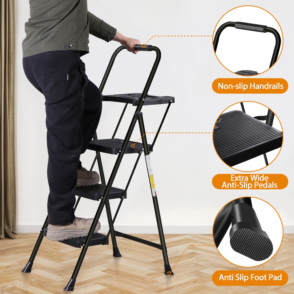 Step Ladder Sturdy 4 Step Ladder with Tool Platform Multipurpose Home Black