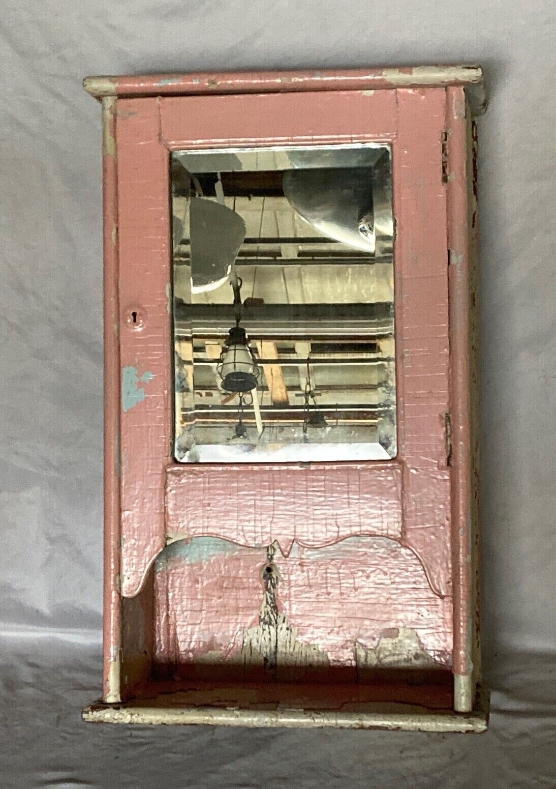 Shabby Antique Oak Medicine Cabinet Beveled Mirror Pink Cottage Chic Vtg 47-26E