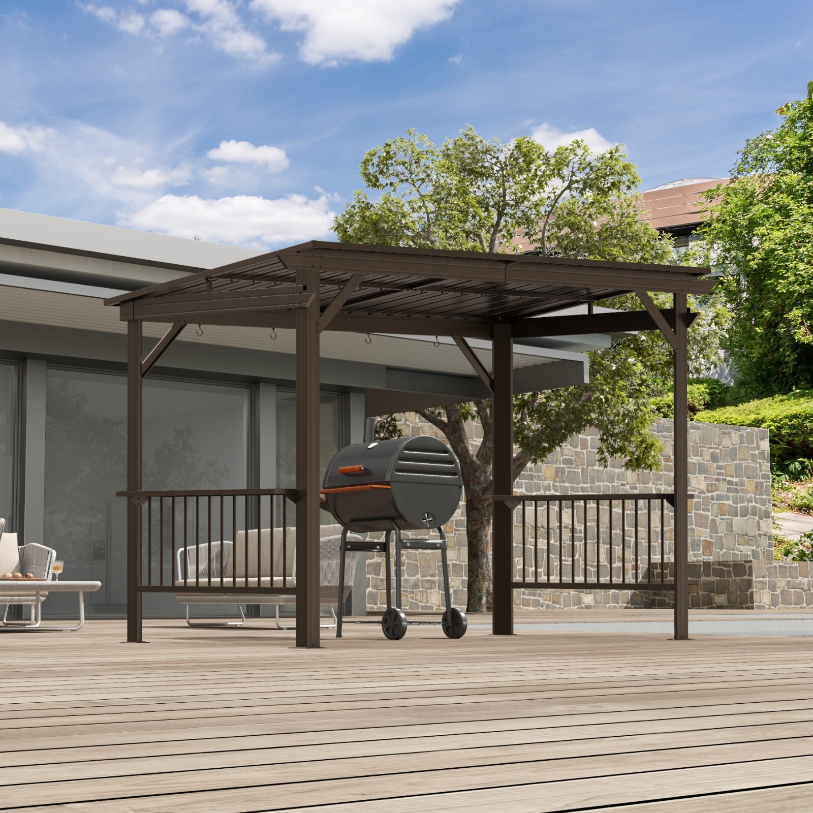 Domi Outdoor  6.5x12FT Hardtop Grill Gazebo w/2 Side Shelves &Ceiling Hook,Brown