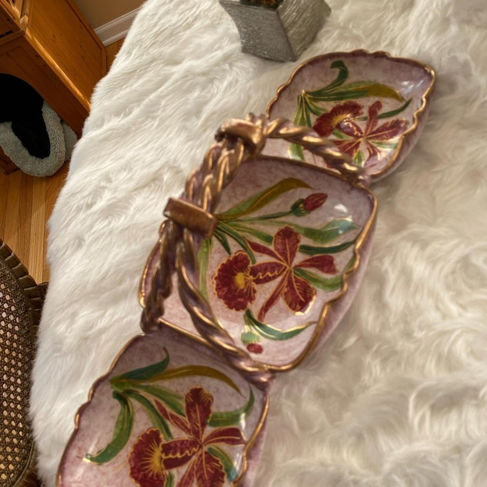 Hand-Painted Floral Ceramic Divided Serving Dish with Handle
