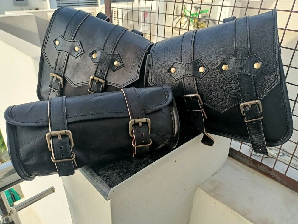 Solid Black Goat Leather COMBO Motorcycle Saddle Panniers Tool Pouch Side Bag