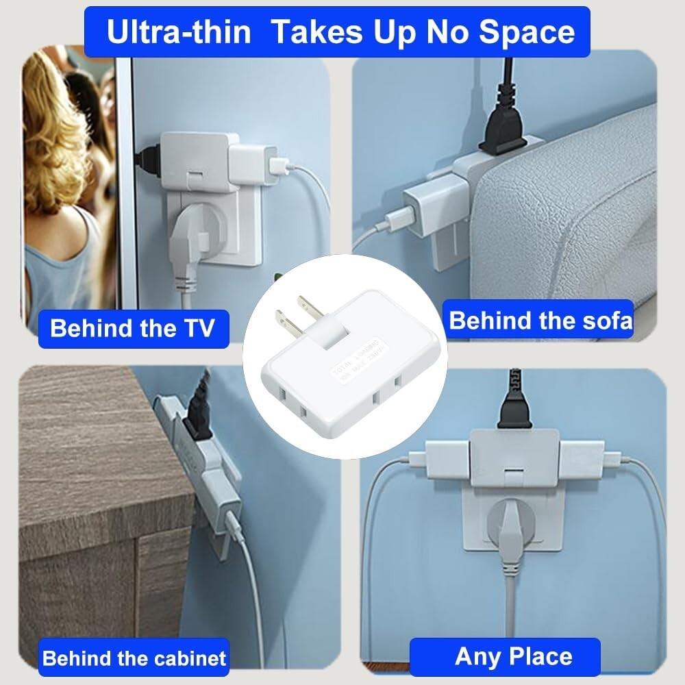 3 Pack 3-Way Flat Wall Plug Adapter AC Outlet. Polarized. 180 degree Foldable.