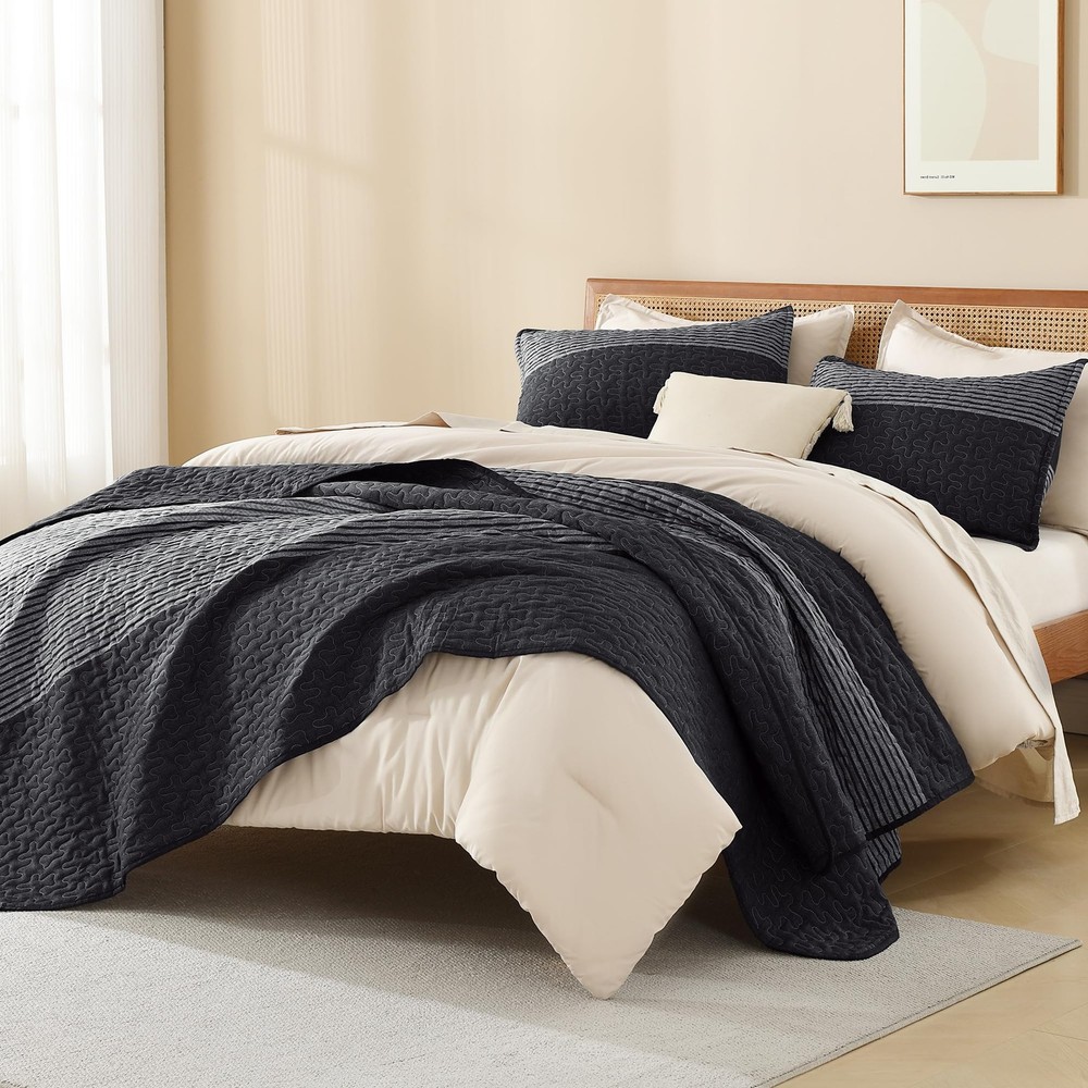 Litanika Quilt Queen Size Black, Grey and White, Gray Stripe Patchwork Summer...