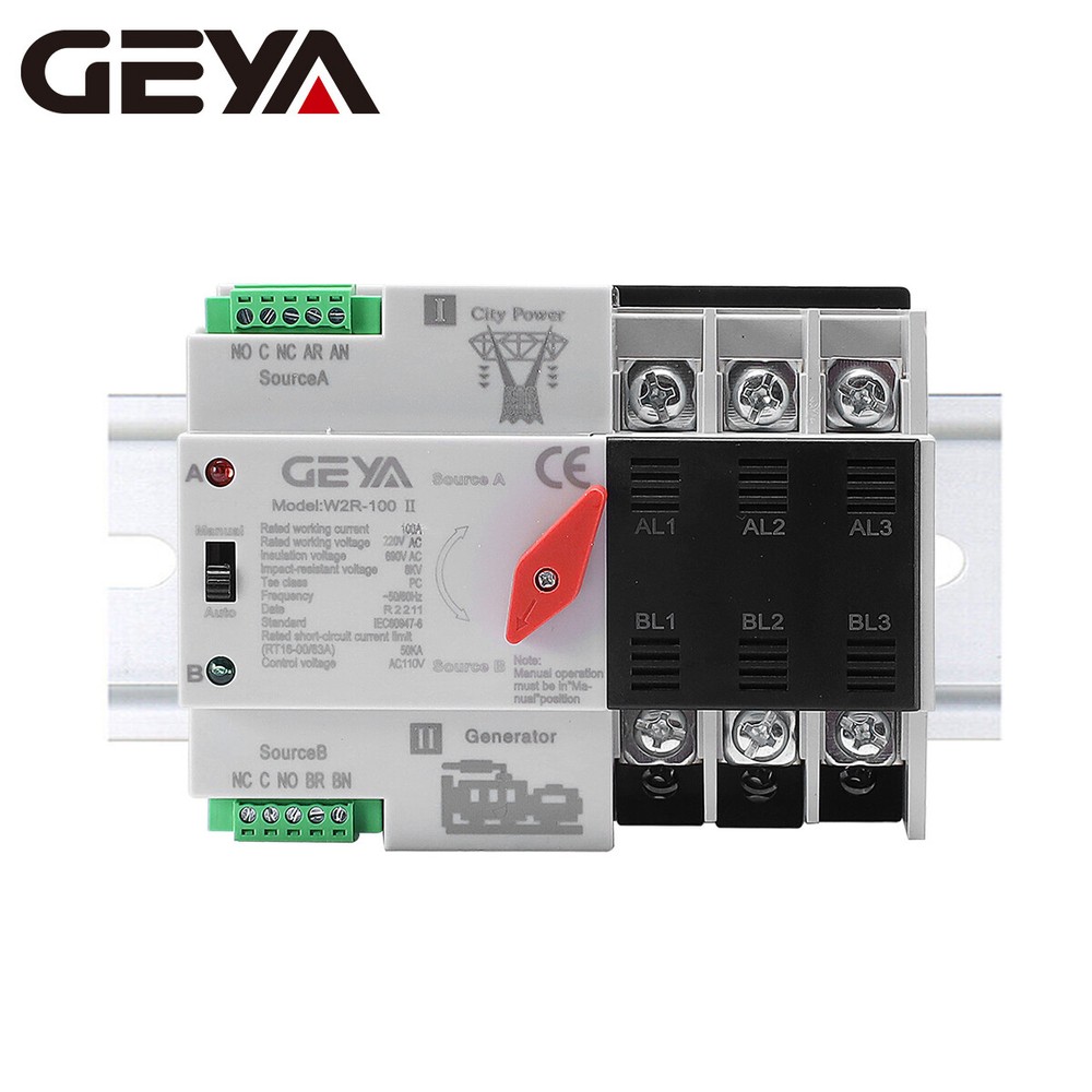 GEYA Automatic Transfer Switch 3P 100A 110V Grid to AC Generator Dual Power RAIL