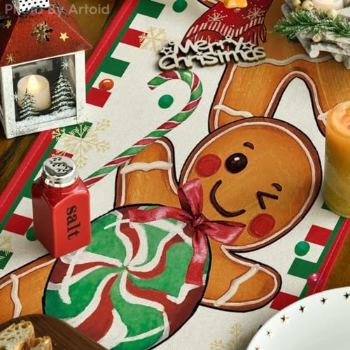 Gingerbread Candy Cane Christmas Table Runner, 13" x 72", Table Runner Red