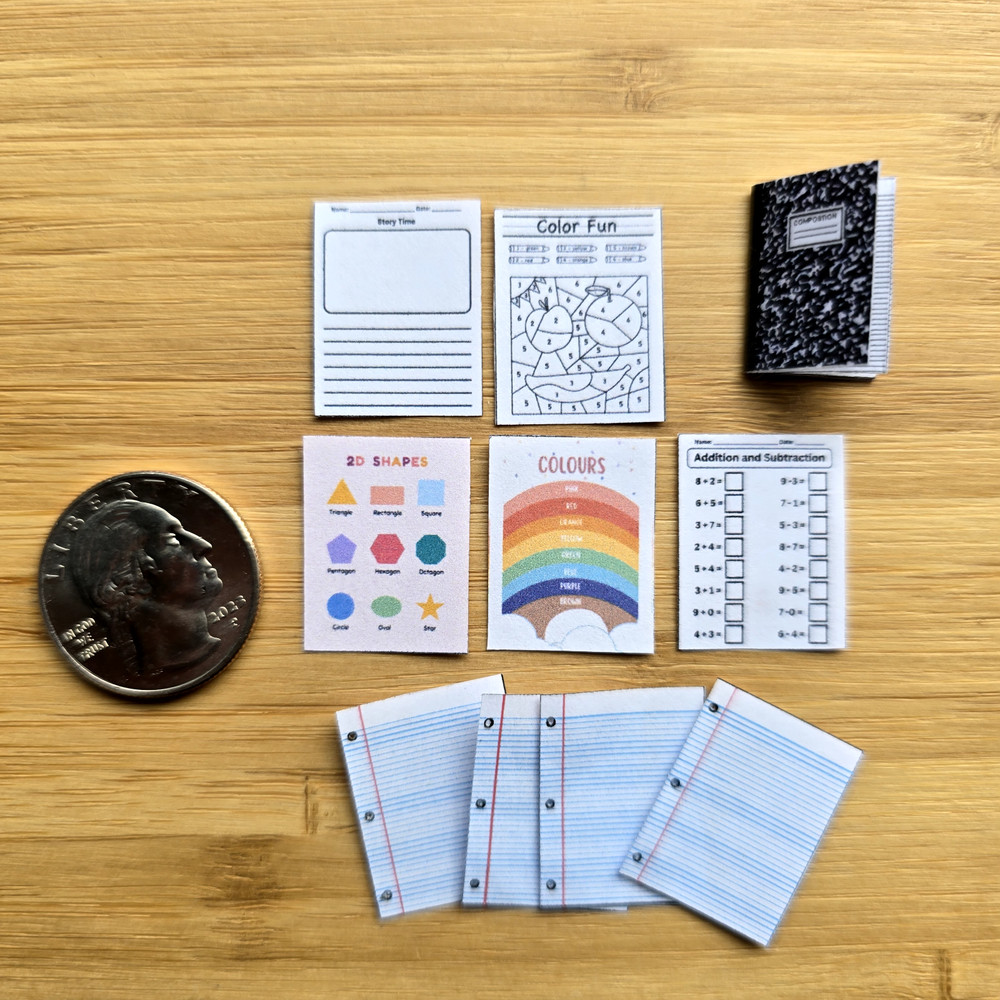 Mini 10 piece set Elementary School Papers & Notebook 1/12 scale dollhouse