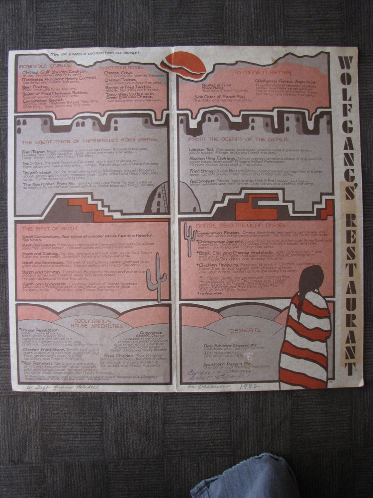 WOLFGANG'S RESTAURANT - Souvenir Folded Menu 1982