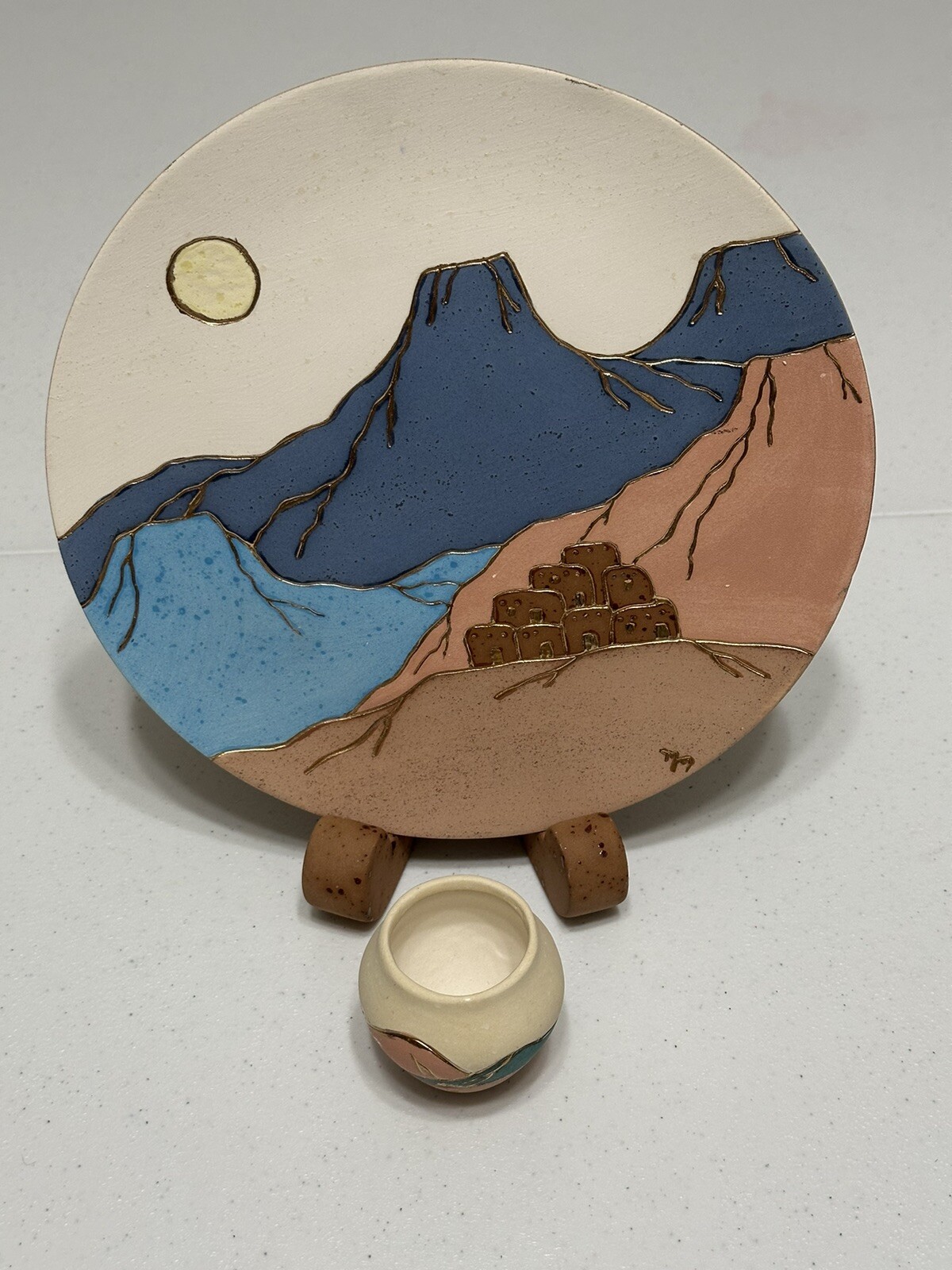 Handmade Artist Signed Native American Southwestern Scene Pottery Plate & Vase