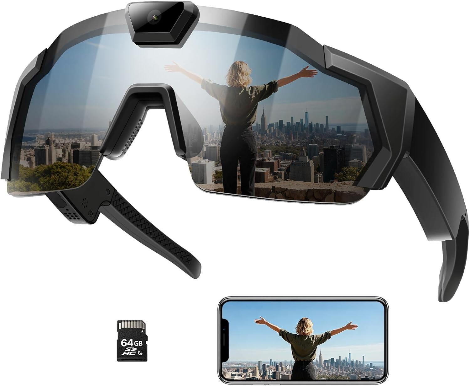 Smart Camera Glasses for Action Sports, HD Video Recording Glasses with 64GB Mem