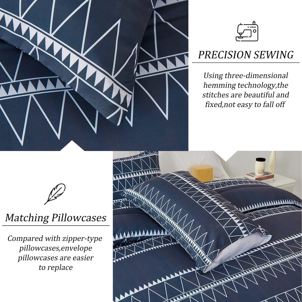 WONGS BEDDING Navy Blue Comforter Set Queen, Reversible Boho Triangle Down Al...