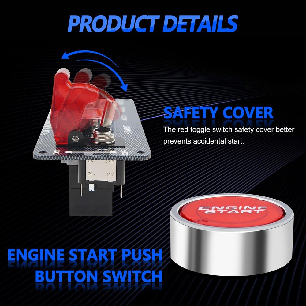 5in1 Ignition Switch Panel Engine Start Push Button Toggle 12V LED Carbon Fiber