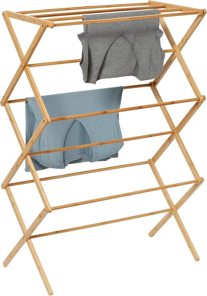 Space-Saving Collapsible Bamboo Laundry Drying Rack Clothes Foldable In&Outdoor