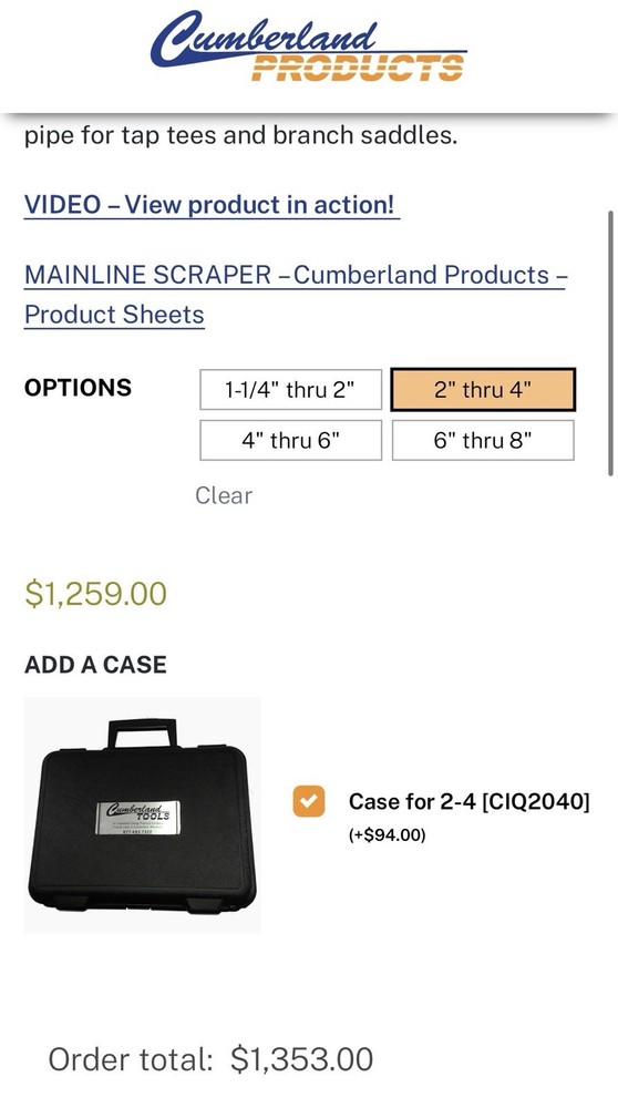 Cumberland Products Mainline Pipe Scraper 2” - 4” With Case
