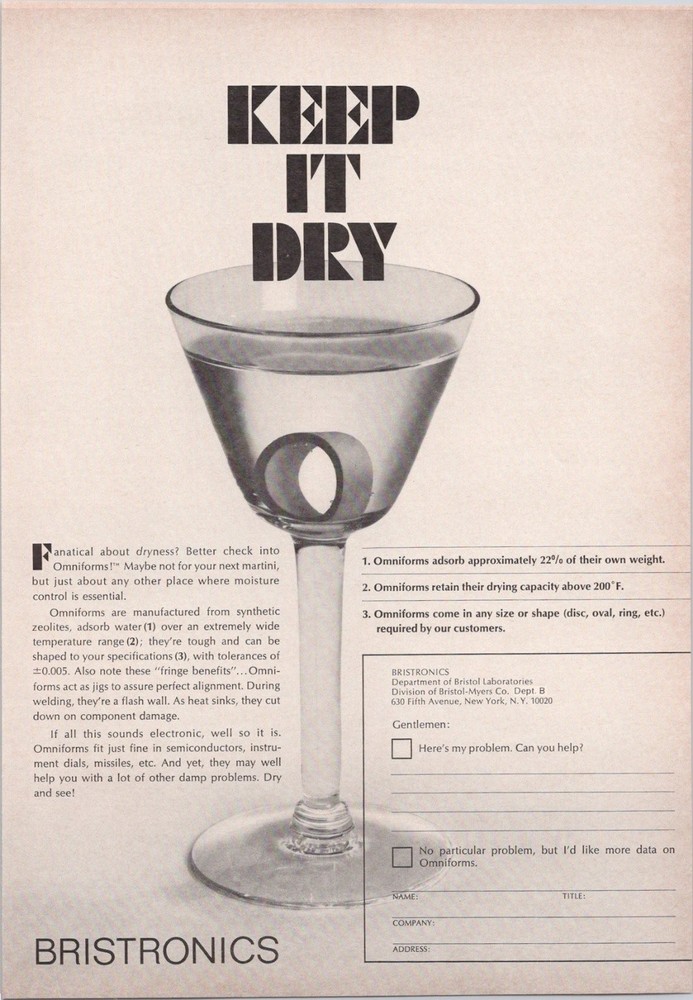 Bristronics 1966 Original Print Ad Omniforms Moisture Control Zeolites