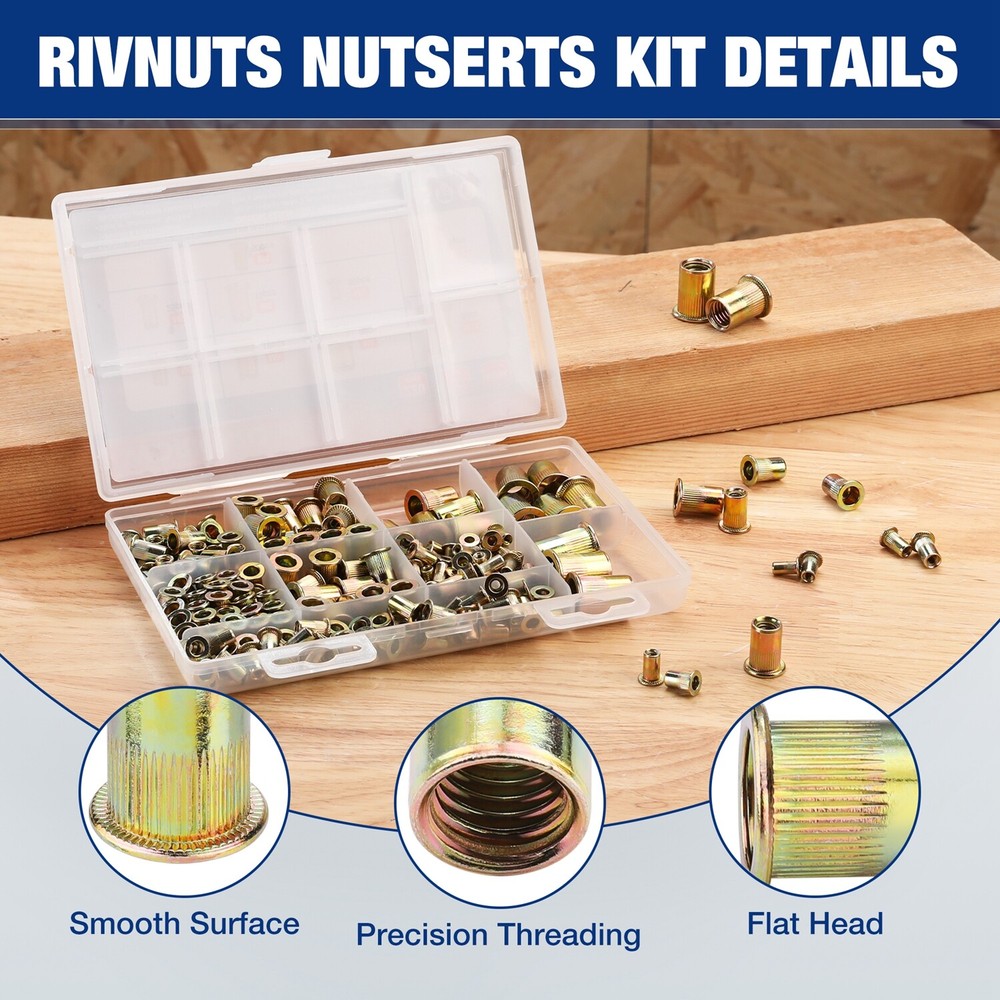 WORKPRO 220PCS Metric Rivet Nuts Zinc Plated Steel Flat Head Threaded Insert Nut