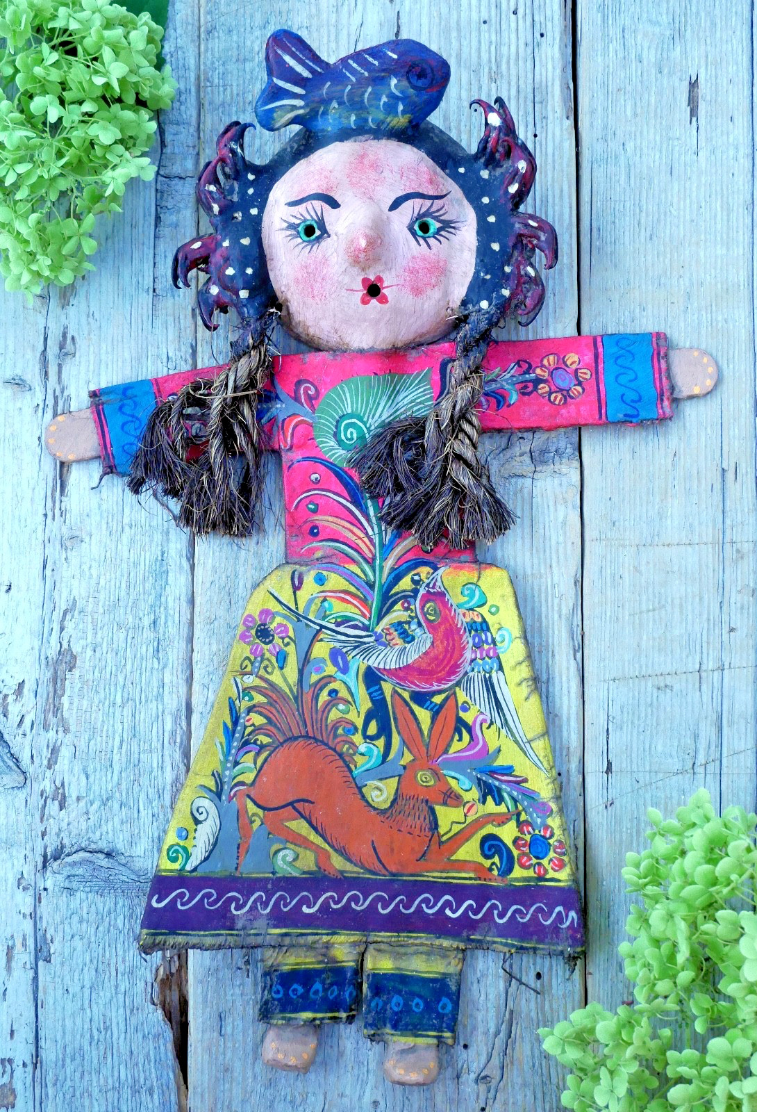 Girl Fish Hat Hand Painted Bird & Deer Handmade Canvas & Coconut Mexico Folk Art