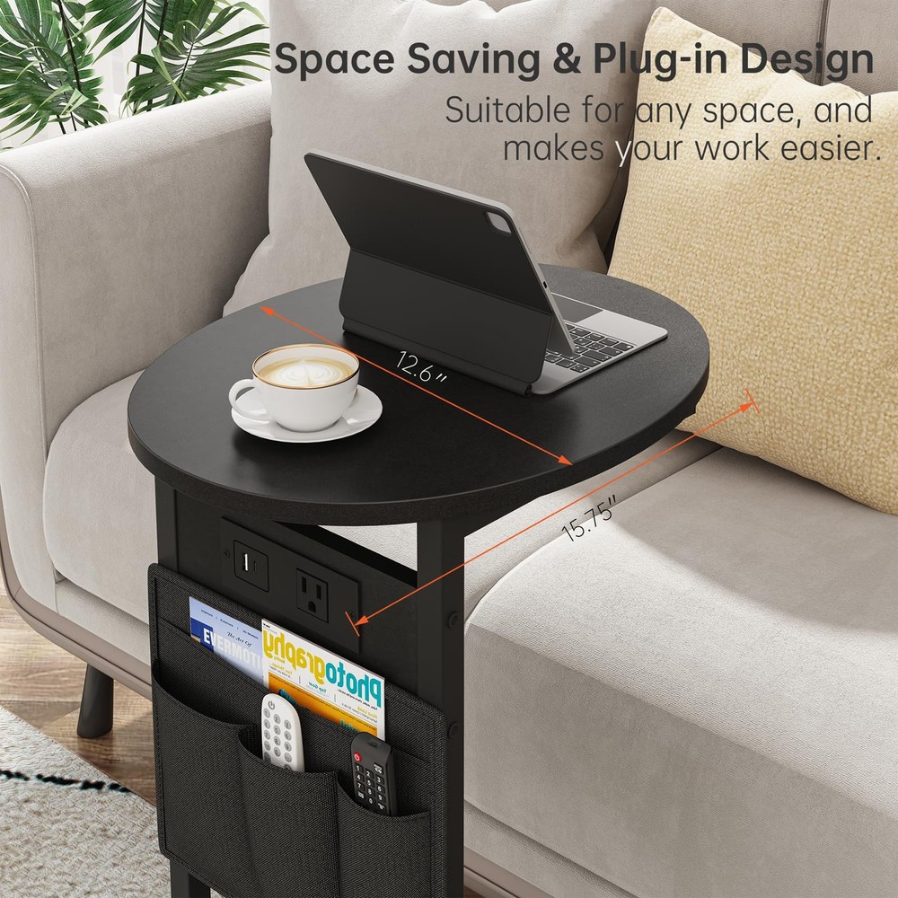 C Shaped End Table With Charging Station Small Side Table Round Couch Black