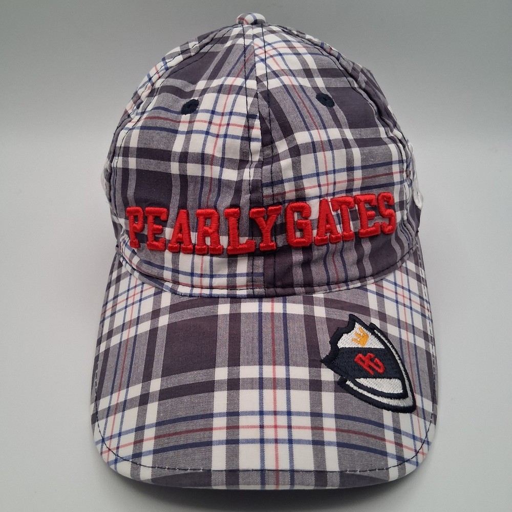 Pearly Gates Golf Hat Cap Strap Back Plaid Gray White Blue Red Script Shield 89