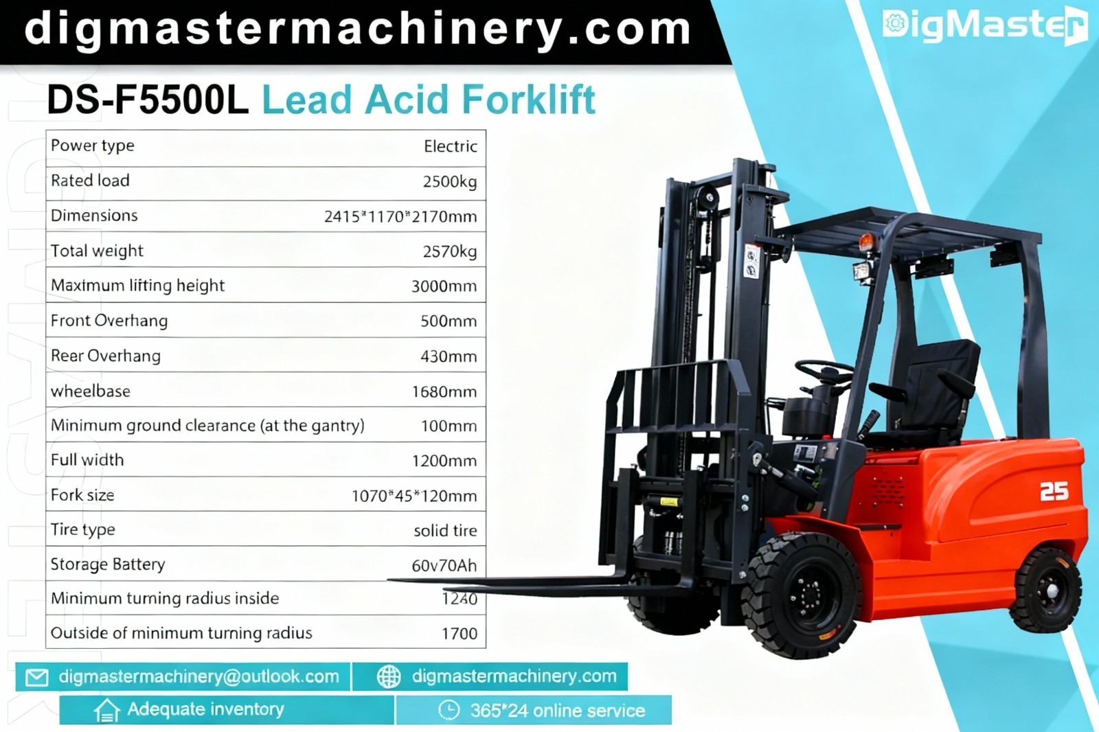 2.5Ton 5500lbs Electric Forklift W/60V 70Ah Charger Lead-acid battery Solid Tire