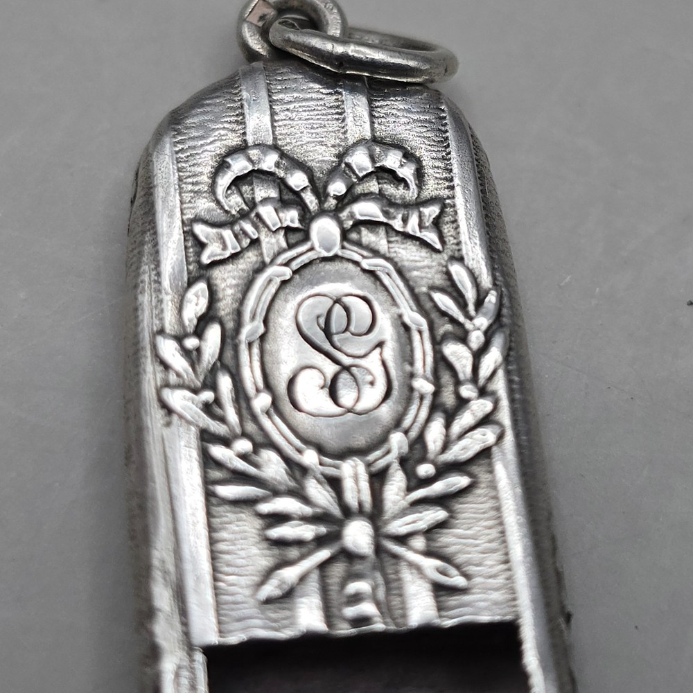 Antique Solid Silver Repousse Whistle Pendant Monogram Floral Design