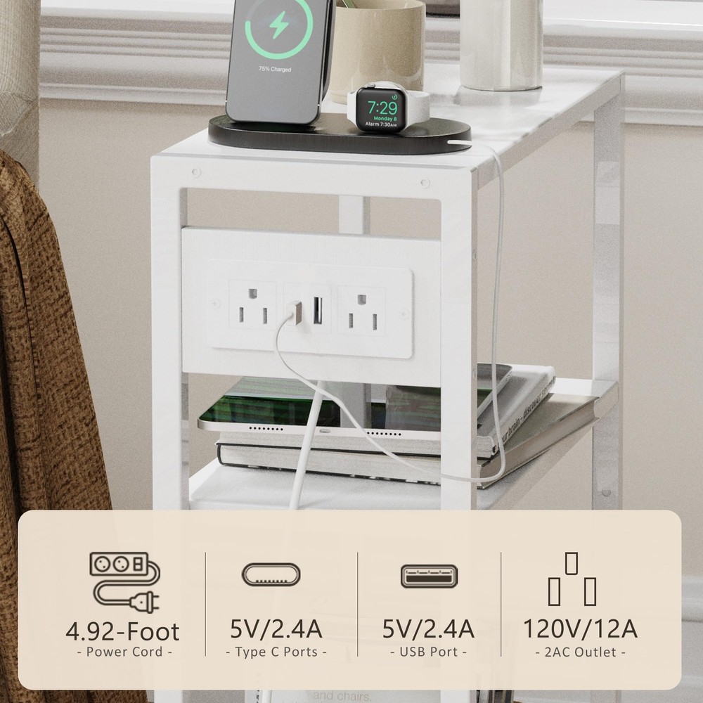 End Table Charging Station 3-Tier Side Table USB Type C 2 Outlets White