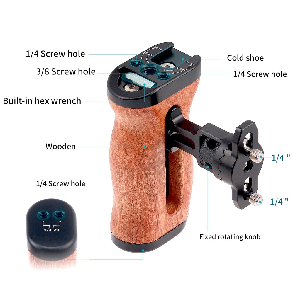 Mini Wooden Side Handle Grip Quick Release Mount for DSLR Mirrorless Camera Cage