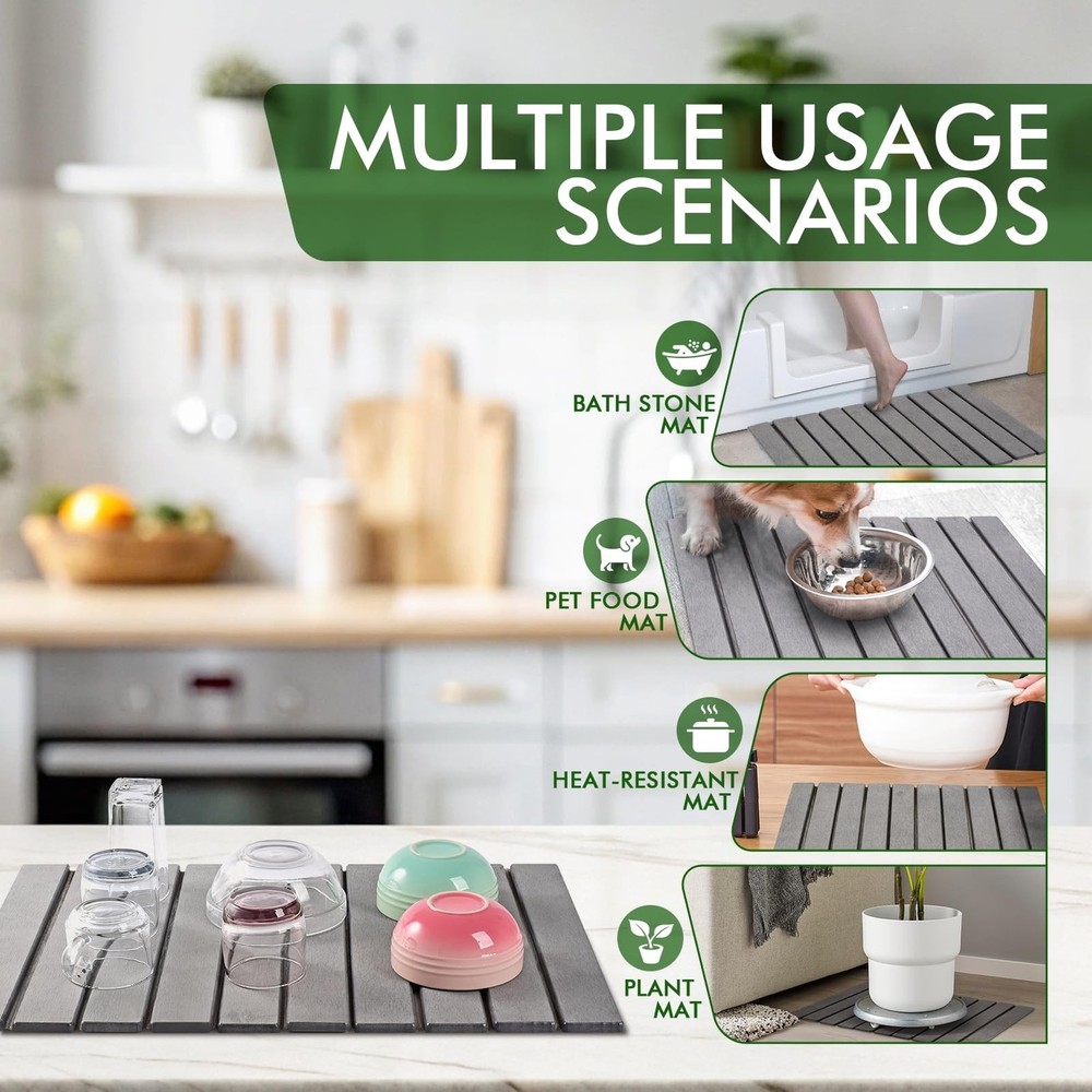 Stone Drying Mat for Kitchen Counter, Large Dark Gray Foldable Diatomaceous E...