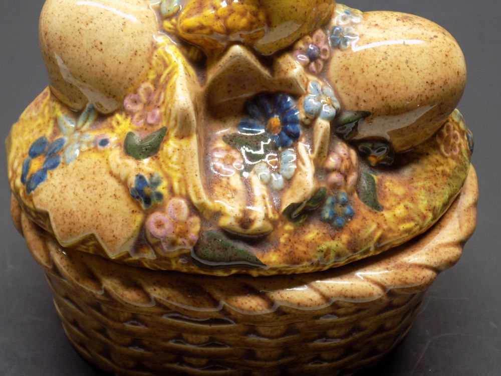 Vintage Ceramic Easter Basket Dish w/ Chick & Eggs Lid Spring Decor
