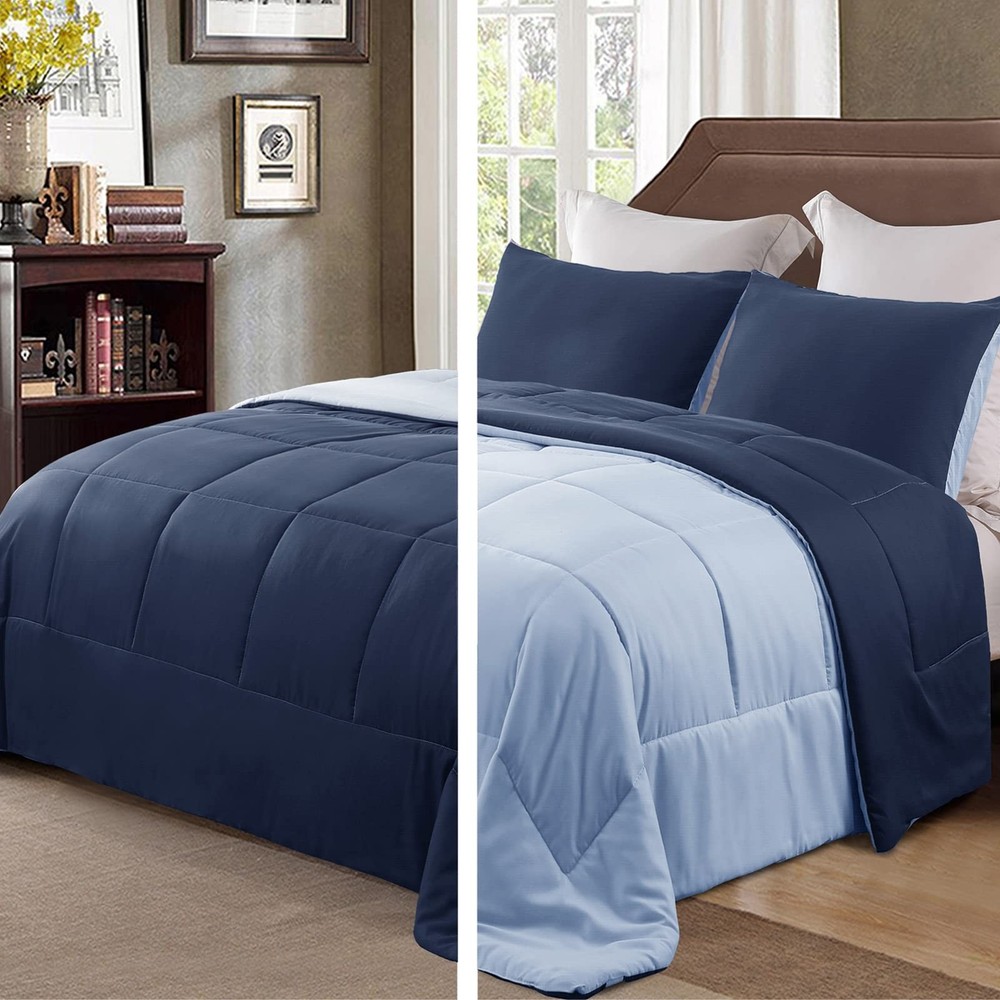 3 PCS Queen Comforter Set, Navy/Blue, Reversible, Down Alternative, 2 Shams