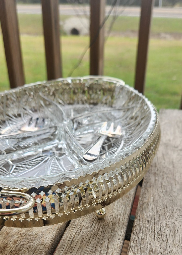 Vintage Sheffield England Clear Pressed Glass Divided Dish Silverplate Holder