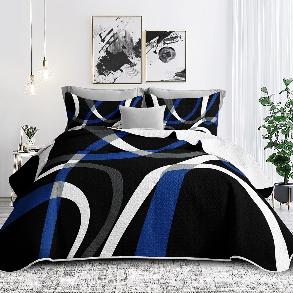 Classic Line Pattern Bedding Quilt King Size Modern Grey Red & Black Stripe